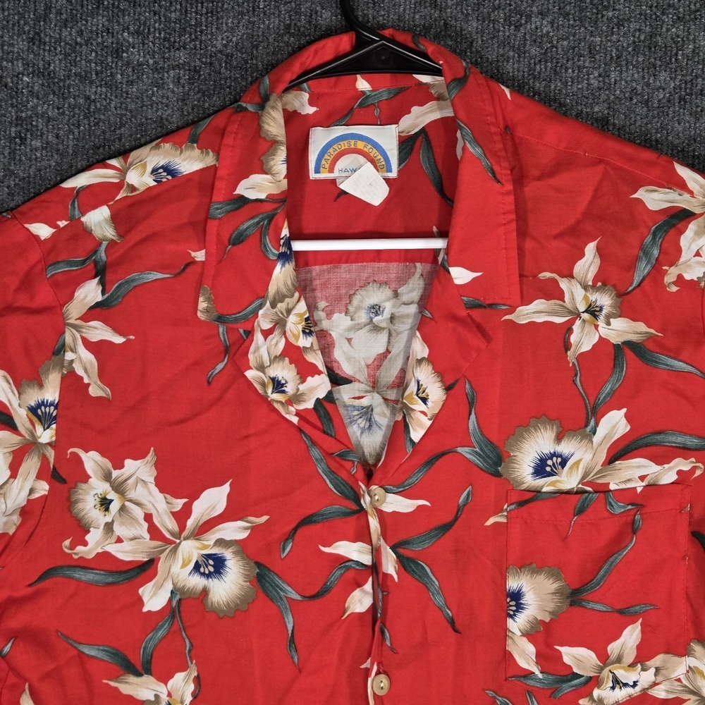 Paradise Found Hawaii Aloha Shirt Mens Medium Red Floral Rayon Made in USA